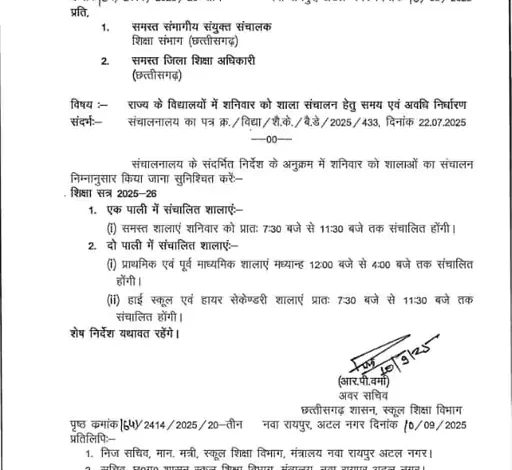 छत्तीसगढ़ में स्कूलों के टाइम टेबल में बड़ा बदलाव, शिक्षा विभाग ने जारी किया आदेश…