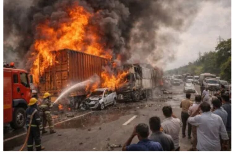 नेशनल हाईवे पर भीषण हादसा ट्रेलर में लगी आग, ड्राइवर की जिंदा जलकर मौत